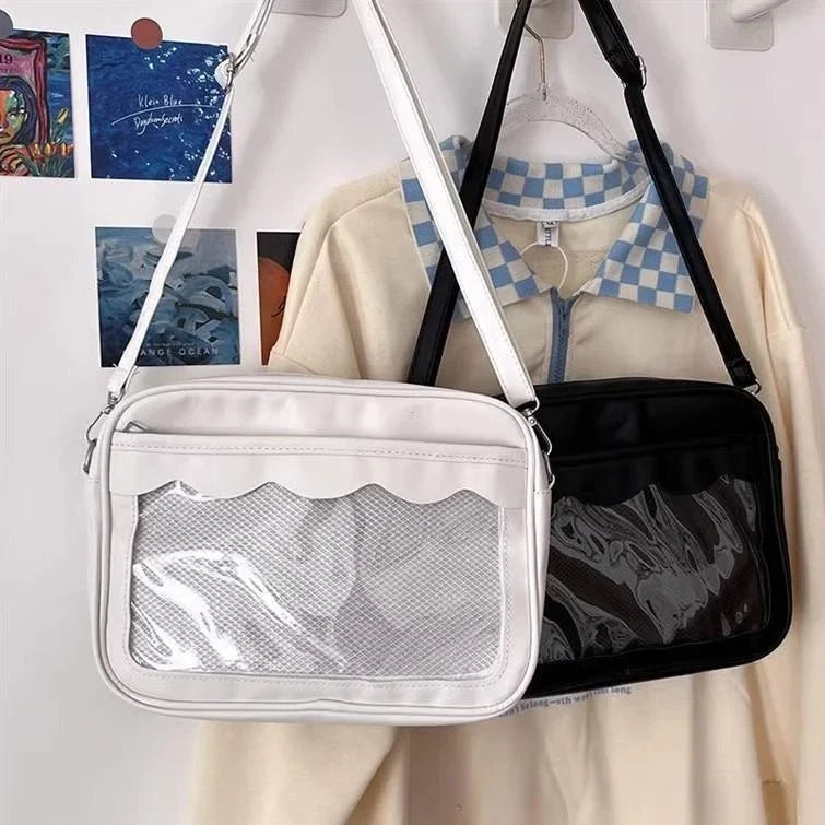 Women's PU Transparent Pocket Ita Bag | High School Girls JK Uniform Crossbody Shoulder Handbag (Fashion Satchel)
