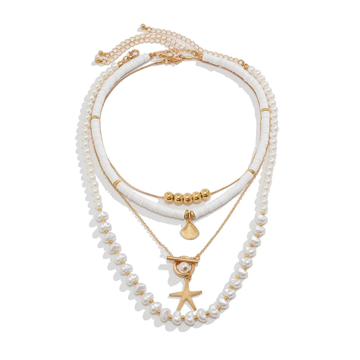 Ingemark 3Pcs/Set Bohemian Scallop Starfish Pendant Necklace for Women  Elegant Imitation Pearl Chain Jewelry Accessories Gift