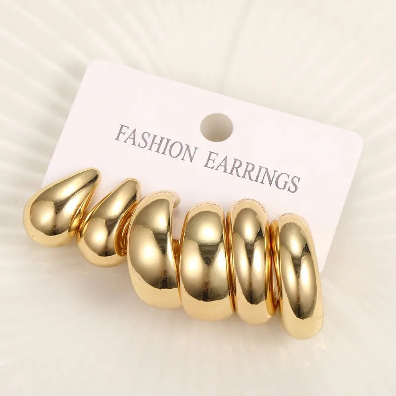 3 Pairs of Fashionable and Simple C-shaped Bean Water Droplet Women's Earring Set, Creative and Luxurious Jewelry Gift