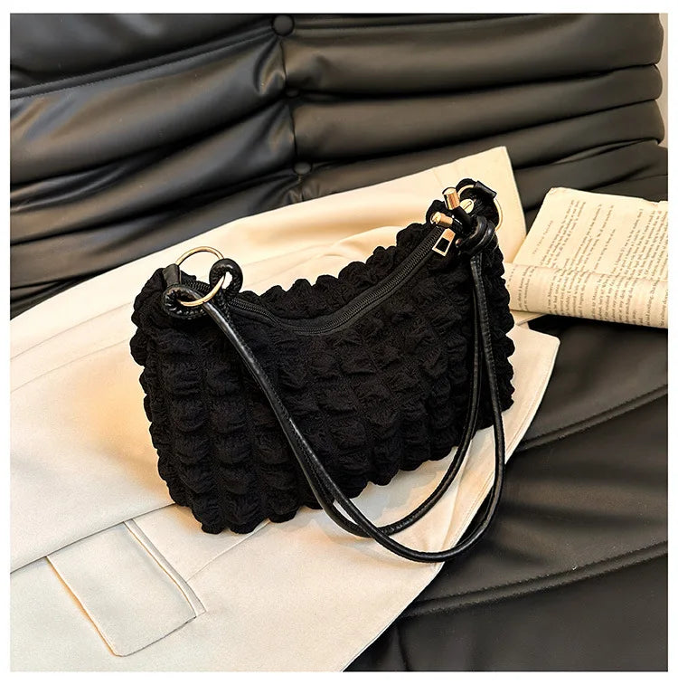Canvas Wrinkle Bag for Women | Shoulder Bags & Pleated Bubbles Handbags (Padded Casual Underarm Quilted Tote Cloud Bag Purse)