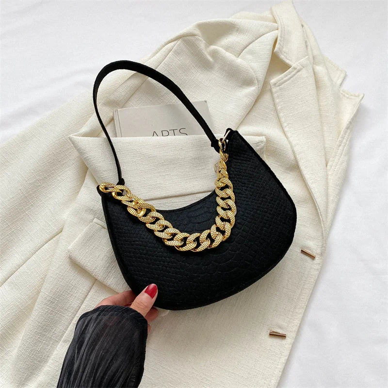 Fashion Women's Felt Handbag | Imitation Metal Chain Underarm Bag (Retro Ladies Solid Color Shoulder Bag, Trendy Casual Clutch Purse)