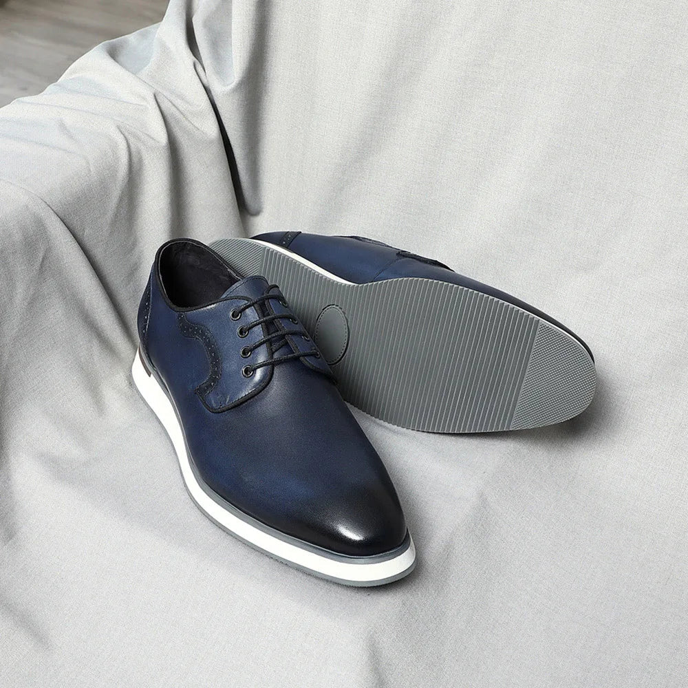 Men's Blue & Black Genuine Leather Derby Dress Shoes | Classic Casual & Business Oxfords (Breathable)
