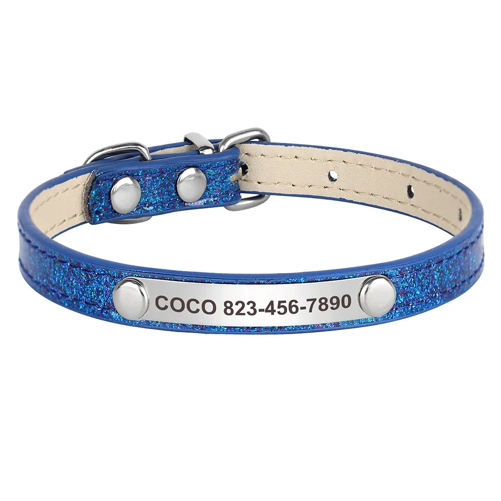 Personalized Cat Collar Custom Leather Cat Collars Free Engraved Puppy Kitten ID Necklace Bling Pet Collars for Small Dogs Cats