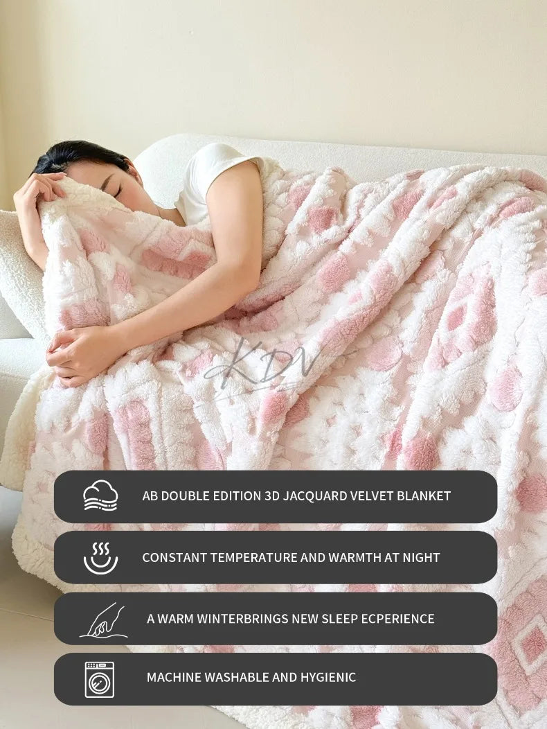 Geometric Patterned Jacquard Fleece Blanket Double Layer Thick Warm Taffeta Sofa Throw Blanket Spring Autumn Plush Bed Blanket