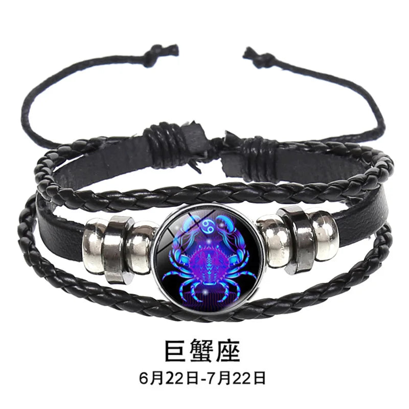 12 Constellation Zodiac Sign Charm Luminous Bracelets Men Women Vintage Multilayer Wrap Leather Chain Bangle Birthday Jewelry
