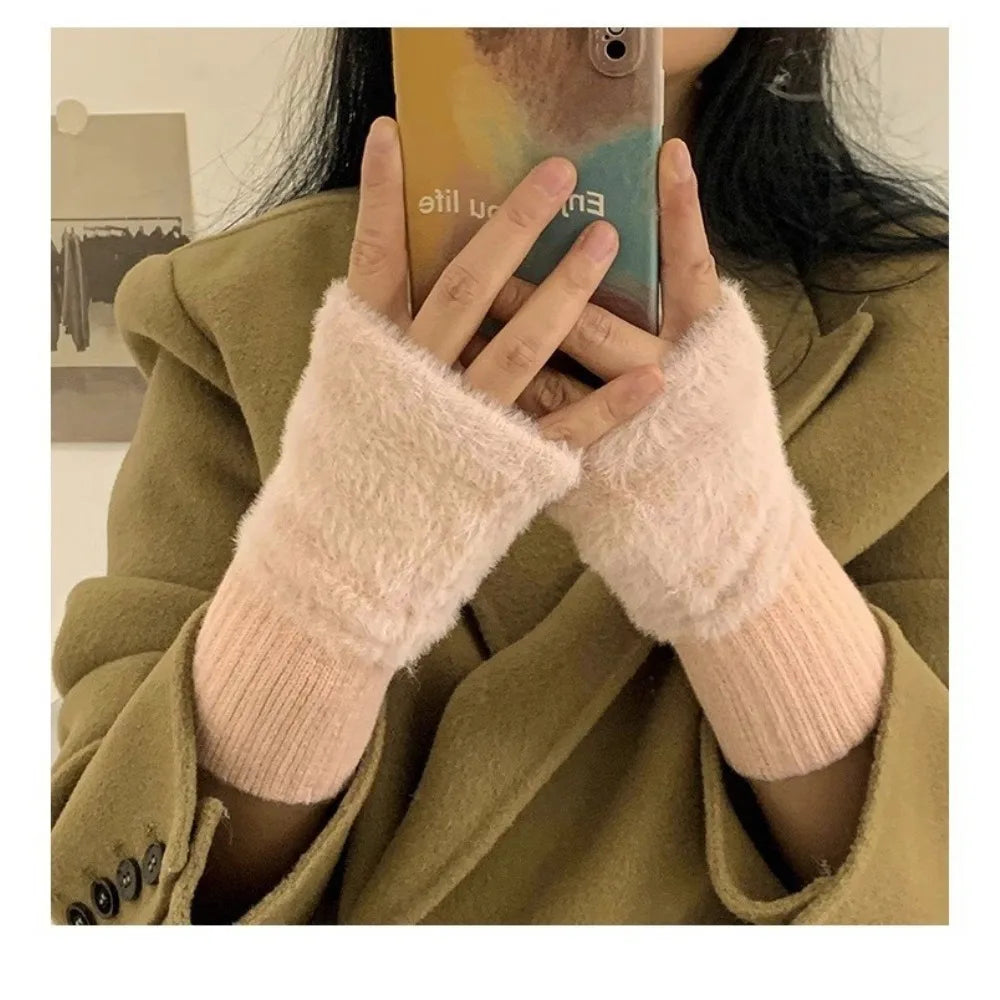 Soft Winter Half Finger Gloves Women Warm Luxury Solid White Plush Knitted Fingerless Gloves Wrist Mitten Writing Winter Gloves