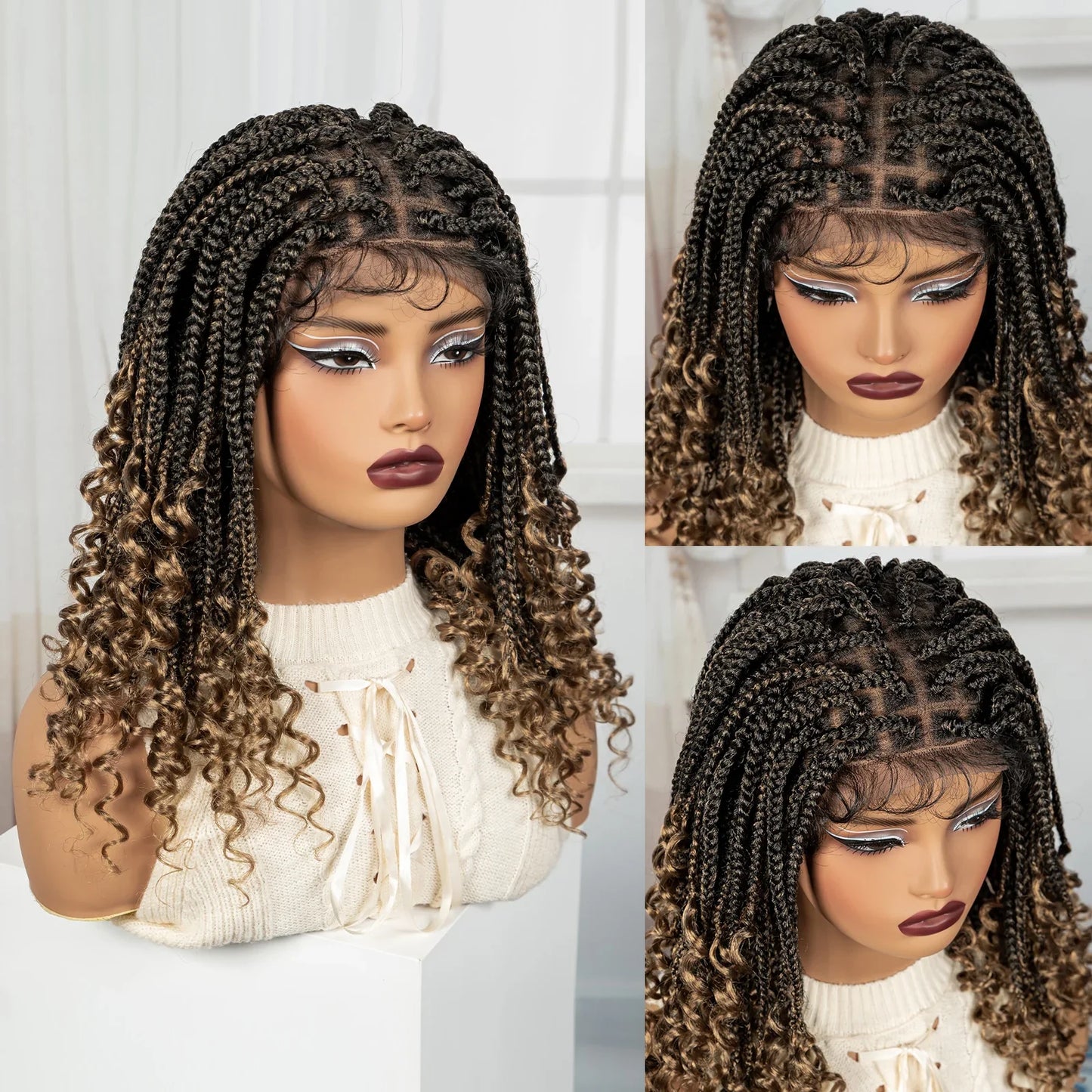 Burgundy Boho Knotless Braids Bob Wig with Curly Ends | Full Lace