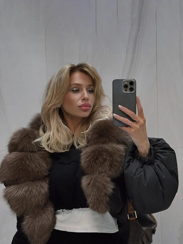Luxury Thick Faux Fox Fur Collar Cropped Puffer Coat Women Oversized Lapel Zip Up Short Warm Windproof Winter Outerwear Jacket