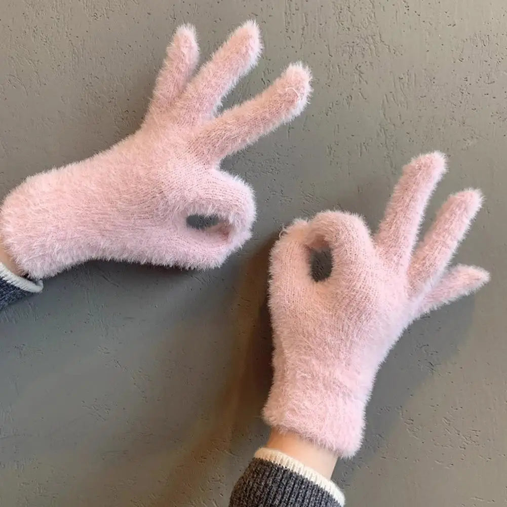 Winter Gloves Mink Velvet Five Finger Gloves Plush Warm Cold-proof Gloves Women Outdoors Cycling Solid Color Mittens