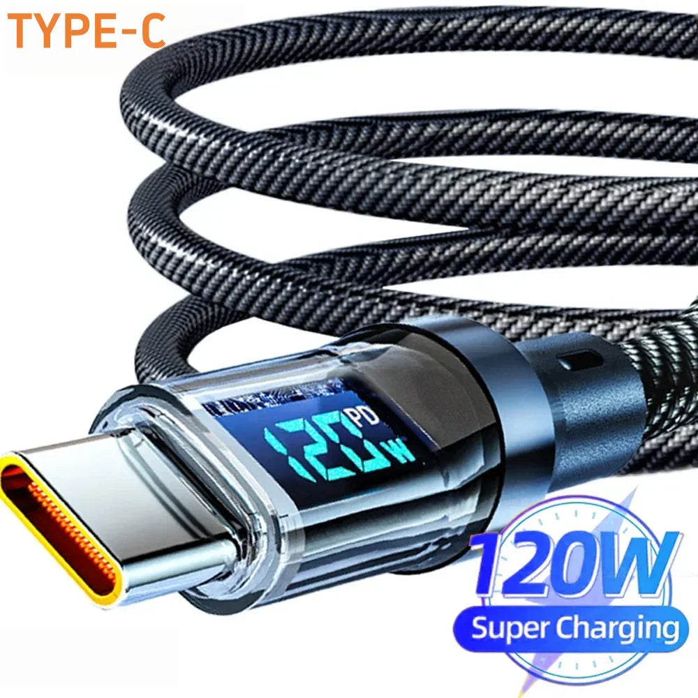 120W Super Fast Charging Cable Real-time Digital Display USB A to Type C Data Cable For iPhone Android Phones Universal