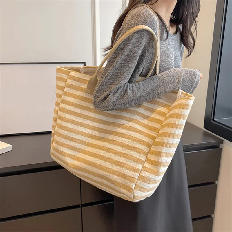 Casual Striped Canvas Bag for Women | Large Capacity Shoulder Bag & Daily Shopping Tote (Student Bookbag for School, Travel, Beach)