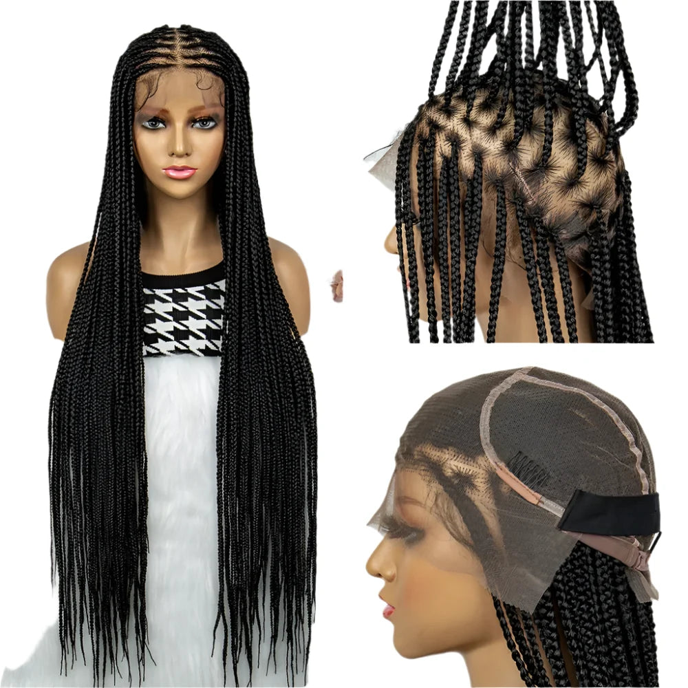 HD Full Lace Knotless Box & Cornrow Braided Wig | Transparent Lace | Synthetic Crochet Braids for Black Women