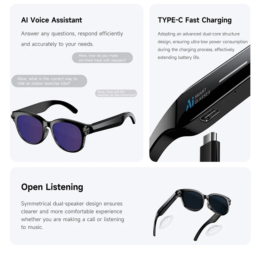 Lenovo 2026 New 8K AI Translation AI Smart Glasses Bluetooth Calling Music Player Camera Control Anti Blue Light Sunglasses