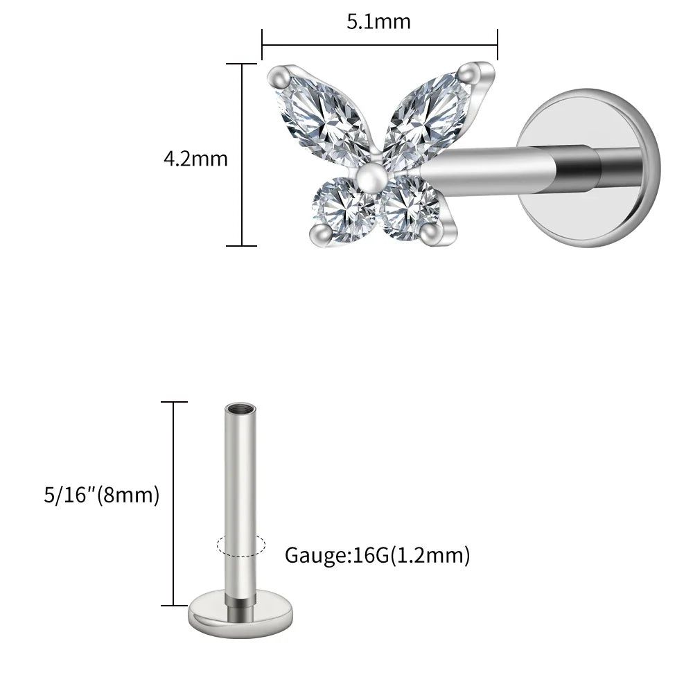 Right Grand ASTM F136 Titanium 16G Mini Butterfly CZ Labret Tragus Cartilage Conch Forward Helix Stud Nose Piercing Body Jewelry