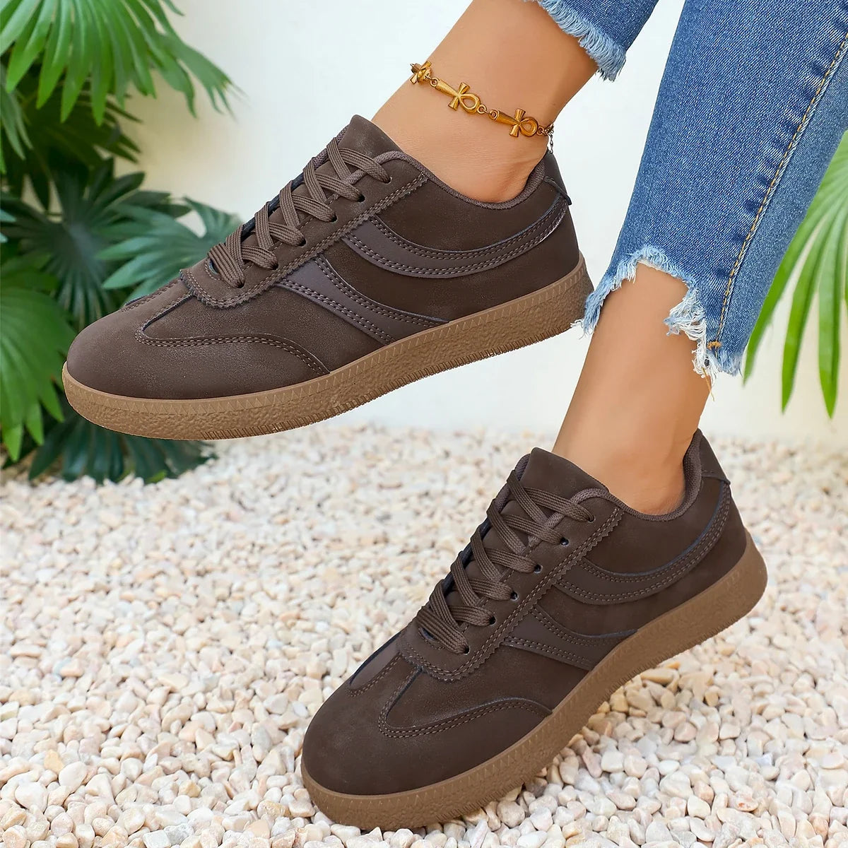Retro Brown Platform Sneakers Women 2026 Flat Trend German Training Shoes Woman Plus Size 43 Non-slip Thick Sole Vulcanize Shoes