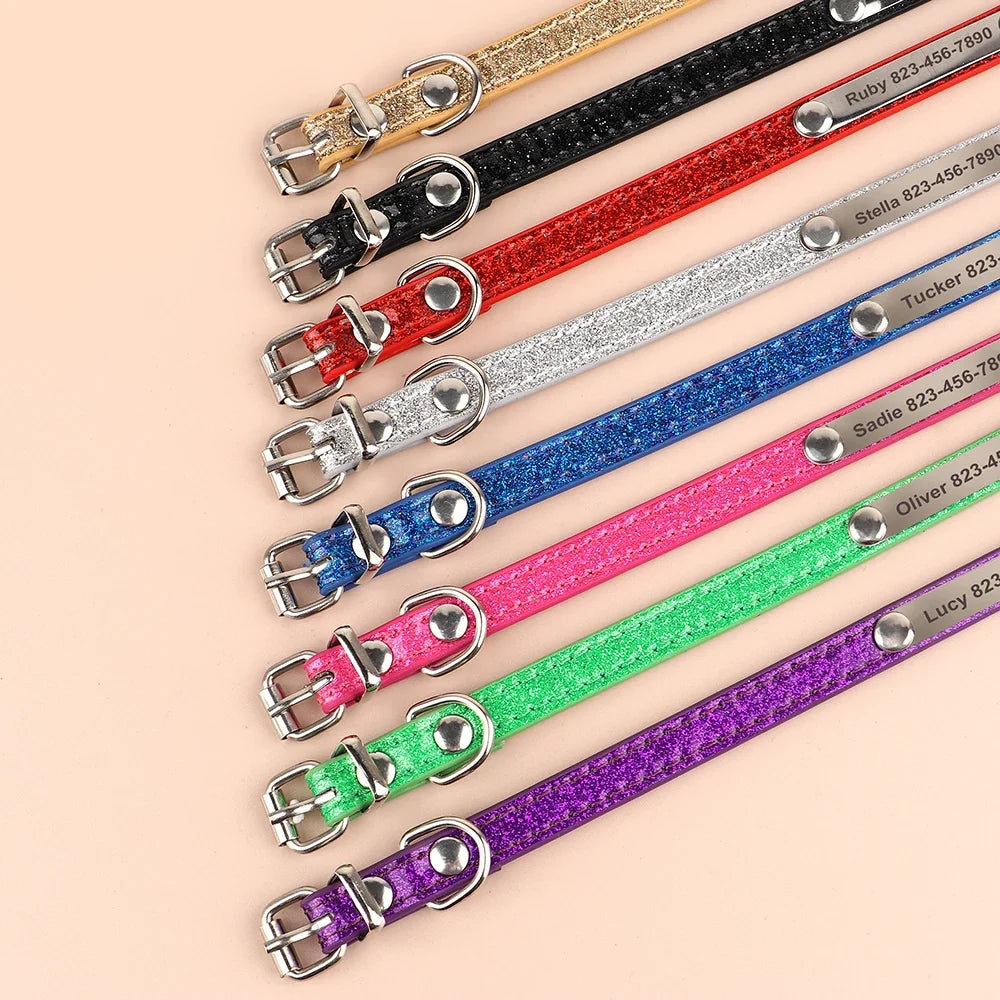 Personalized Cat Collar Custom Leather Cat Collars Free Engraved Puppy Kitten ID Necklace Bling Pet Collars for Small Dogs Cats