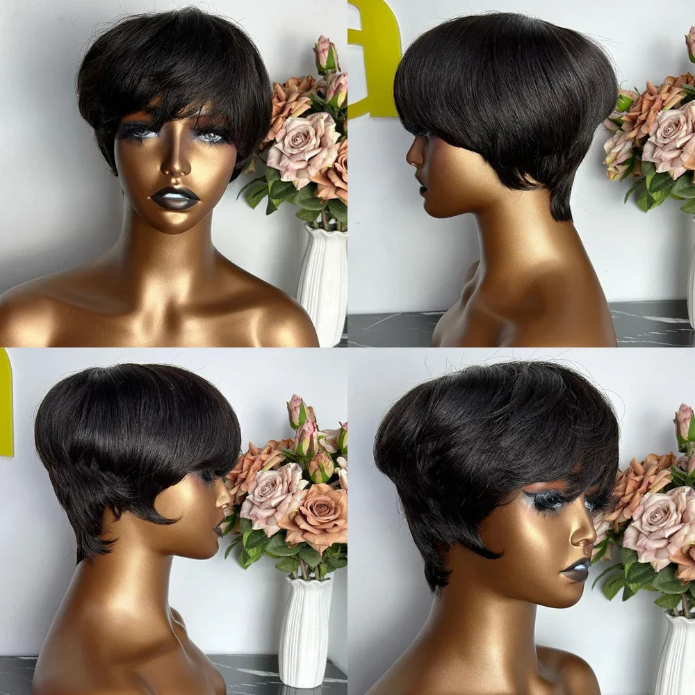 Short Pixie Cut Human Hair Wig with Bangs | Brazilian Remy, Machine Made