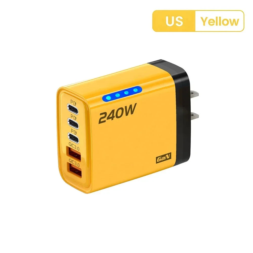 5 in 1 GaN USB C Desktop Charger 240W Fast Charge Phone Adapter 10A Type C Cable For iPhone Samsung Xiaomi EU/US/UK Plug Charger