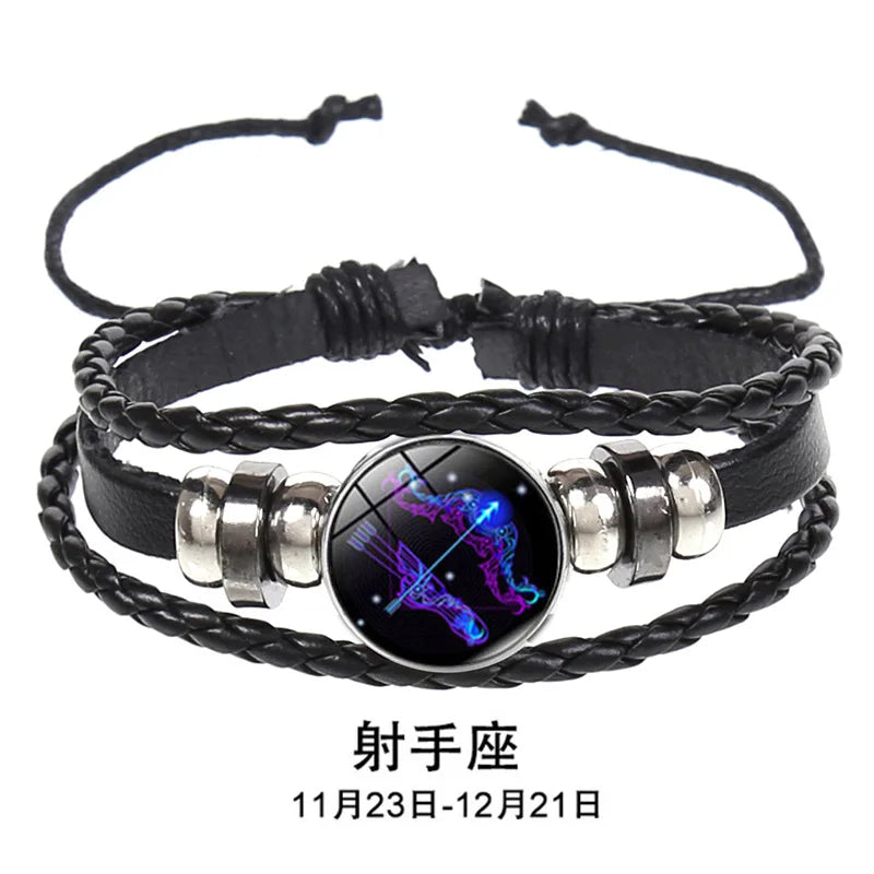 12 Constellation Zodiac Sign Charm Luminous Bracelets Men Women Vintage Multilayer Wrap Leather Chain Bangle Birthday Jewelry