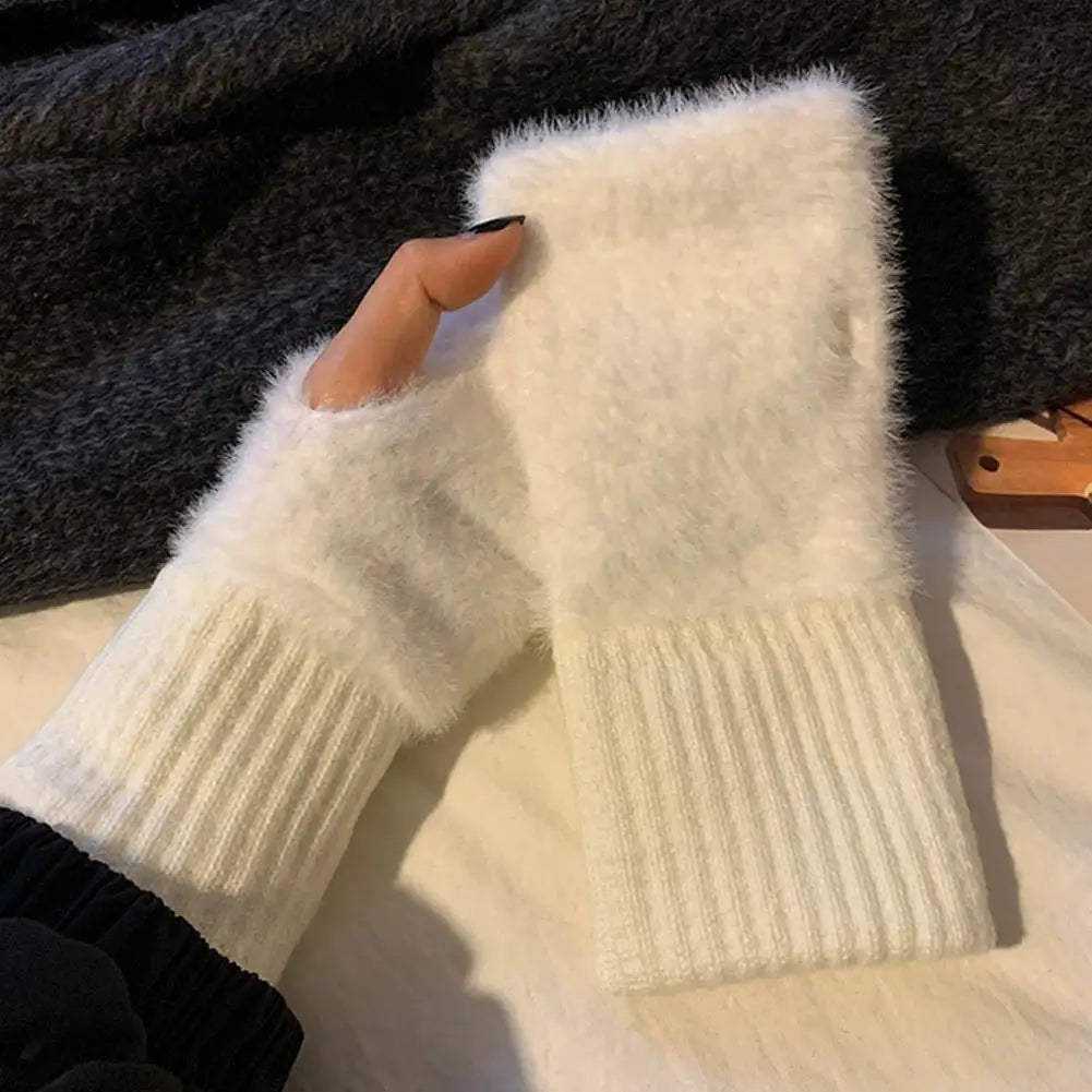 Half-finger Plush Winter Gloves Touch Screen Cold-proof  Warm Fingerless Knitted Wrist Guard Student Office Writing Work Outdoor