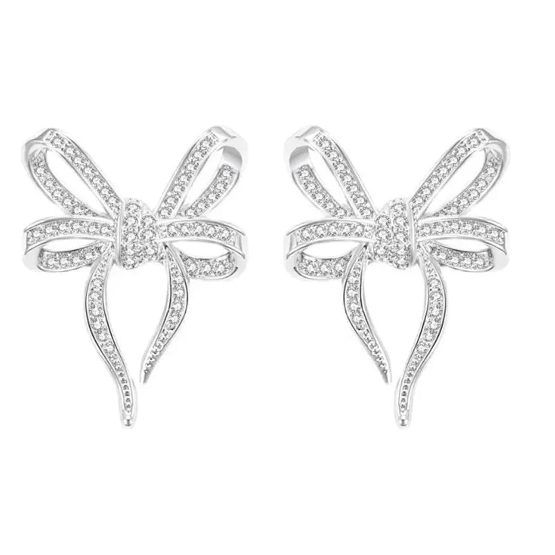Huitan Exquisite Bow Shaped Stud Earrings for Women Bling Bling Cubic Zirconia Romantic Bowknot Earrings Wedding Trendy Jewelry