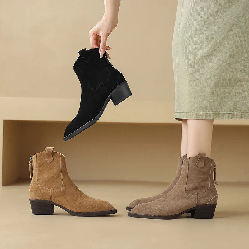 New 2025 Trend Autumn Winter Cow Suede Women Western Boots Black Brown Khaki Purple Green Burgundy Pointed Toe Lady Ankle Boots