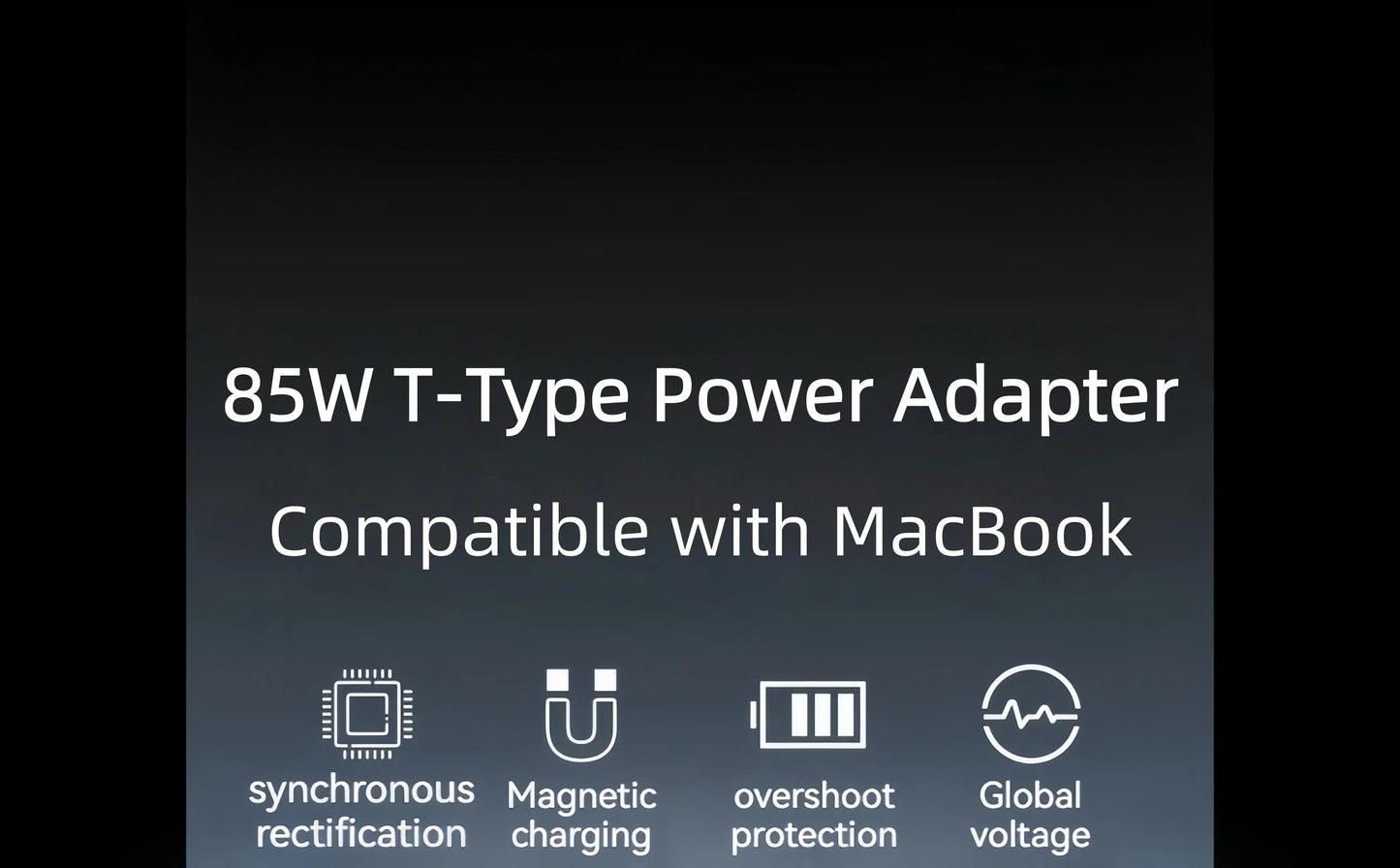 85W T-Type Magnetic Laptop Charger Power Adapter A1398 A1417 A1424 CE FCC RoHS UKCA Certified