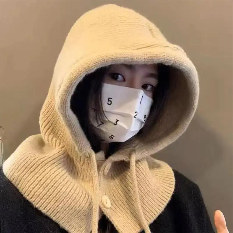 Winter Balaclava Hat Warm Knitted Women's Hood Hat Solid Color One-piece Neck Pullover Cap Outdoor Cashmere Caps