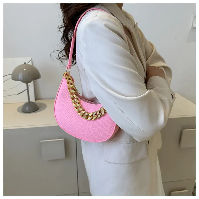 Fashion Women's Felt Handbag | Imitation Metal Chain Underarm Bag (Retro Ladies Solid Color Shoulder Bag, Trendy Casual Clutch Purse)