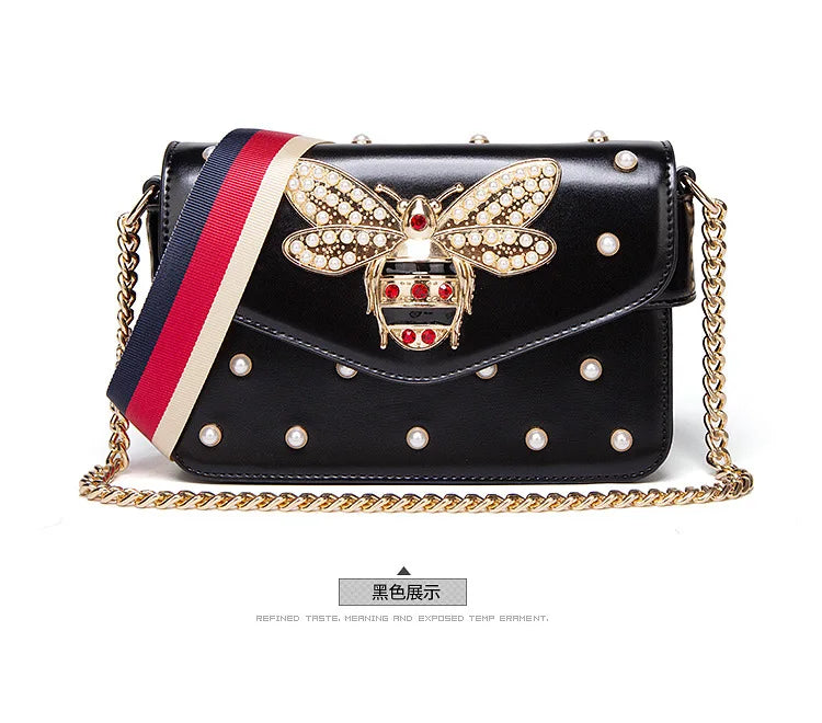 Women's Pearl and Bee Shoulder Handbag | PU Crossbody Bag with Chain