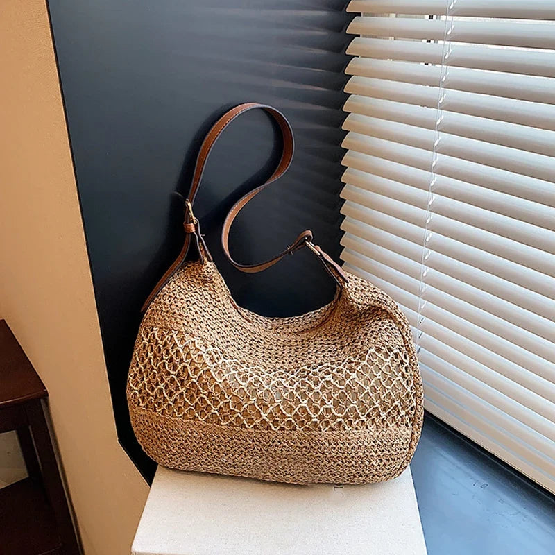 Large Capacity Summer Straw Weaving Shoulder Bag | Women's Handmade Crochet Beach Handbag & Woven Hollow Out Underarm Knitting Bag