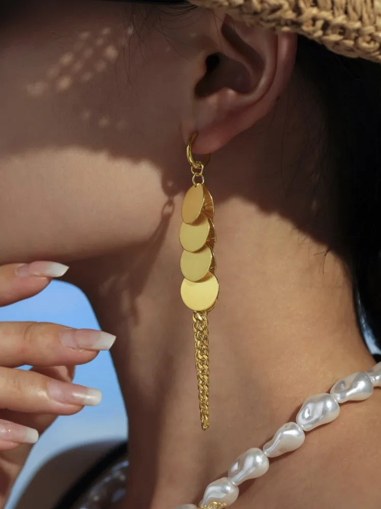 Stainless Steel Dangle Earrings For Women 18k Gold Plated Waterproof Non Tarnish Women's Glossy Sheets Chains Tassel Earring