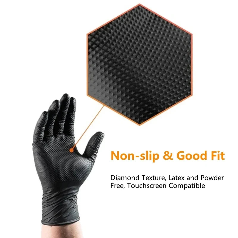 Industrial Black Nitrile Gloves 8mil Heavy Duty Disposable Gloves with Diamond Textured Latex Free Mechanic Tattoo Auto Gloves