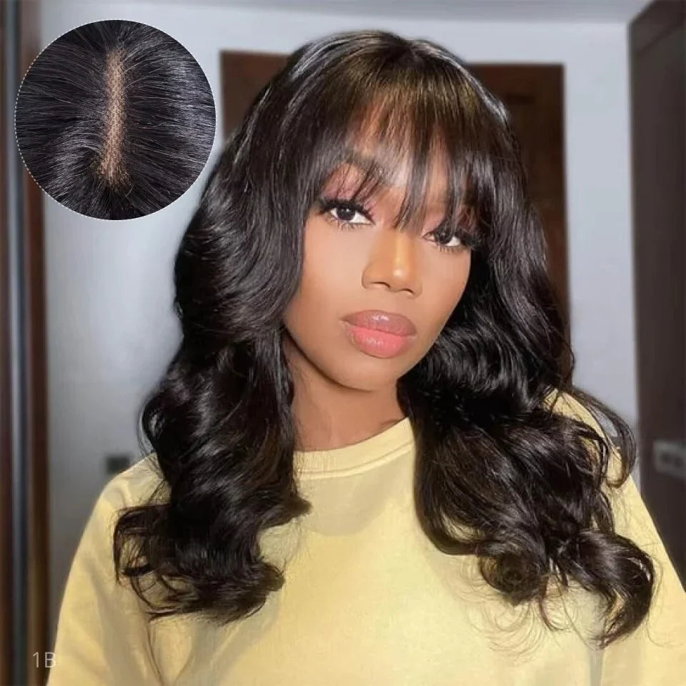 Natural Color 24" Body Wave Wig with Bangs | 180% Density Remy Human Hair Middle Part Lace