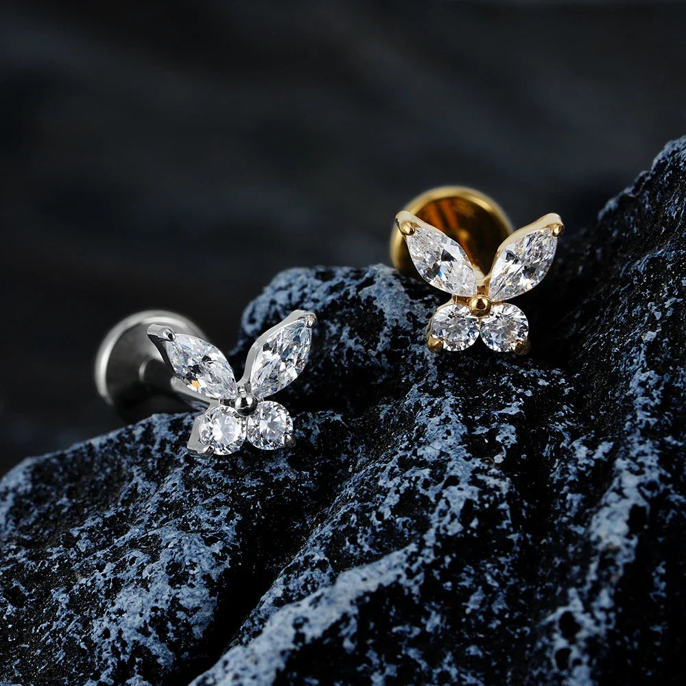 Right Grand ASTM F136 Titanium 16G Mini Butterfly CZ Labret Tragus Cartilage Conch Forward Helix Stud Nose Piercing Body Jewelry