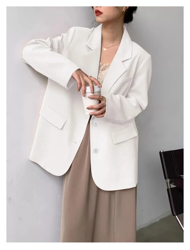 Mid Length Blazer Jacket Women Solid Long Sleeve Pocket Lapel Single Beasted Formal Coat Outerwear Loose Work Casual Blazers