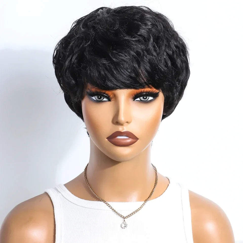 Rebecca Mixed Brown Pixie Cut Wig | Curly Side Part Brazilian Human Hair