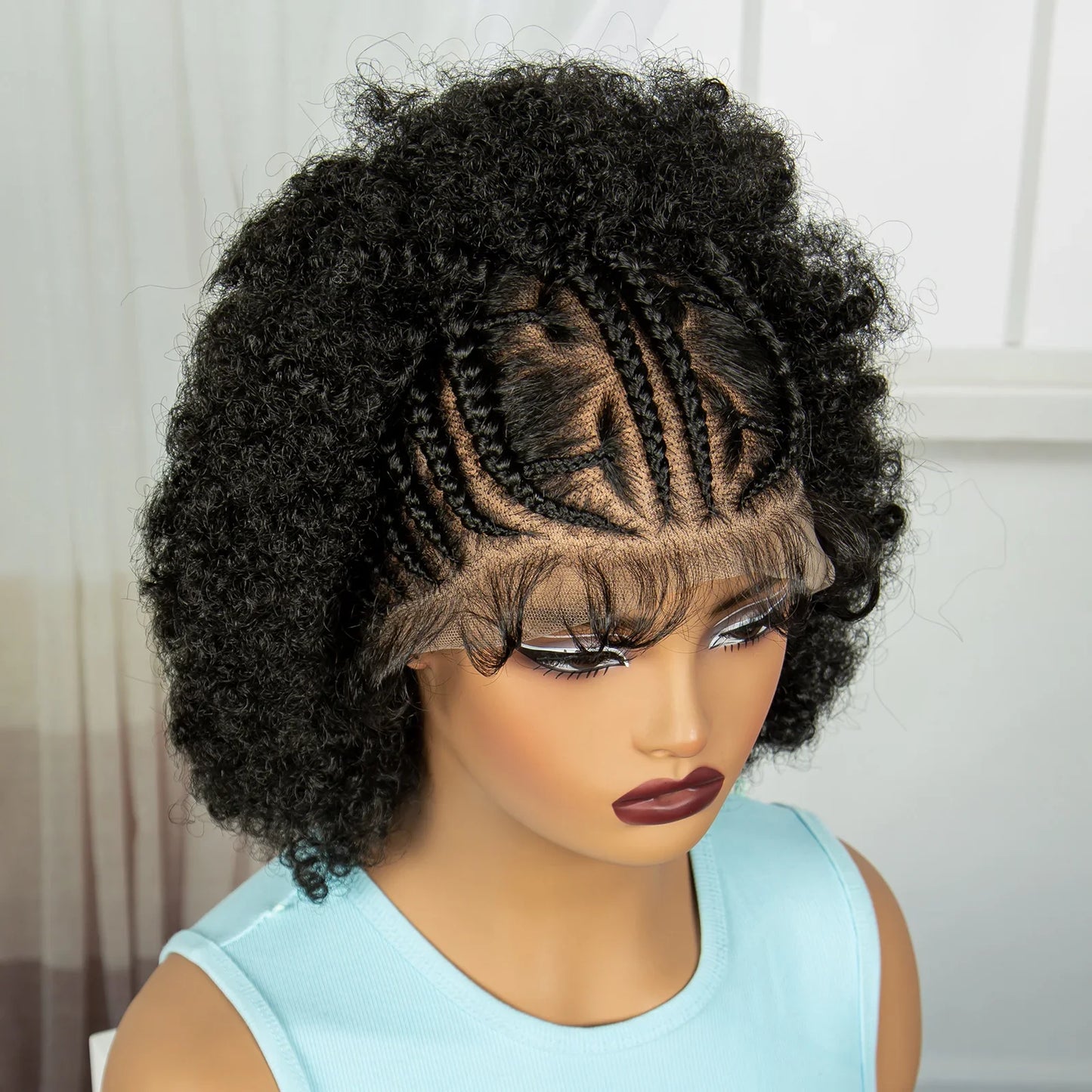 Short Natural Afro Kinky Curly Cornrow Braids Wig | Full Lace | Baby Hair