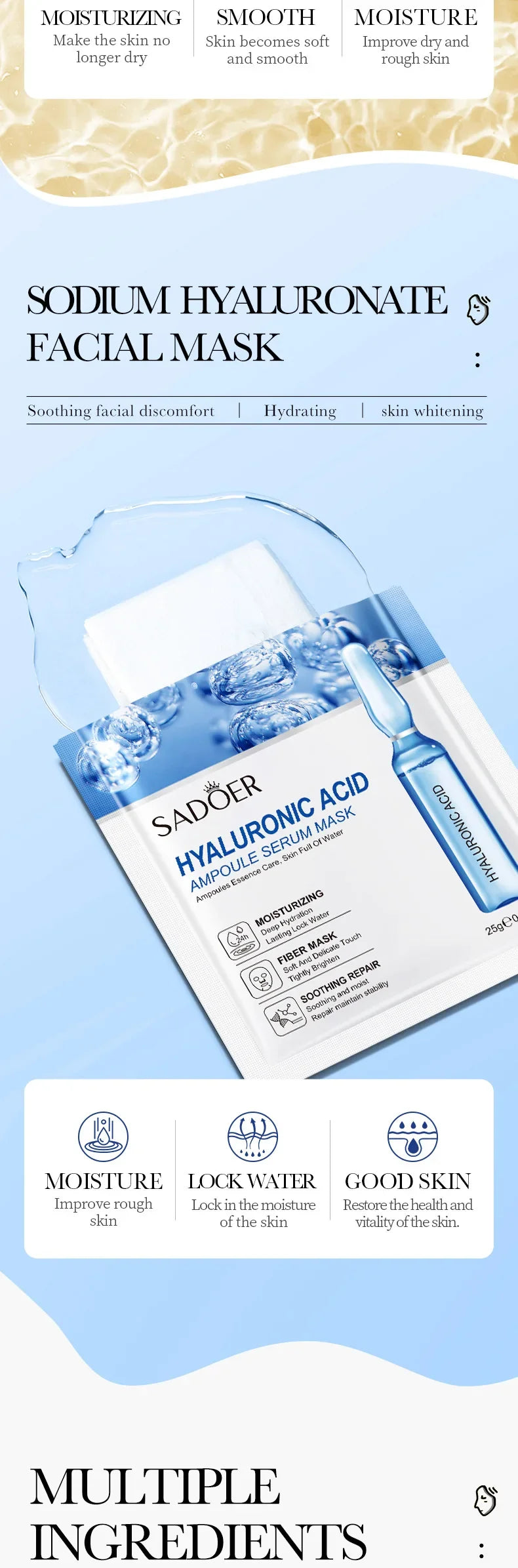 10pcs SADOER 24K Gold Vitamin C Hyaluronic Acid Face Mask Facial Moisturizing Firming Hydrating Facial Masks Skin Care Products