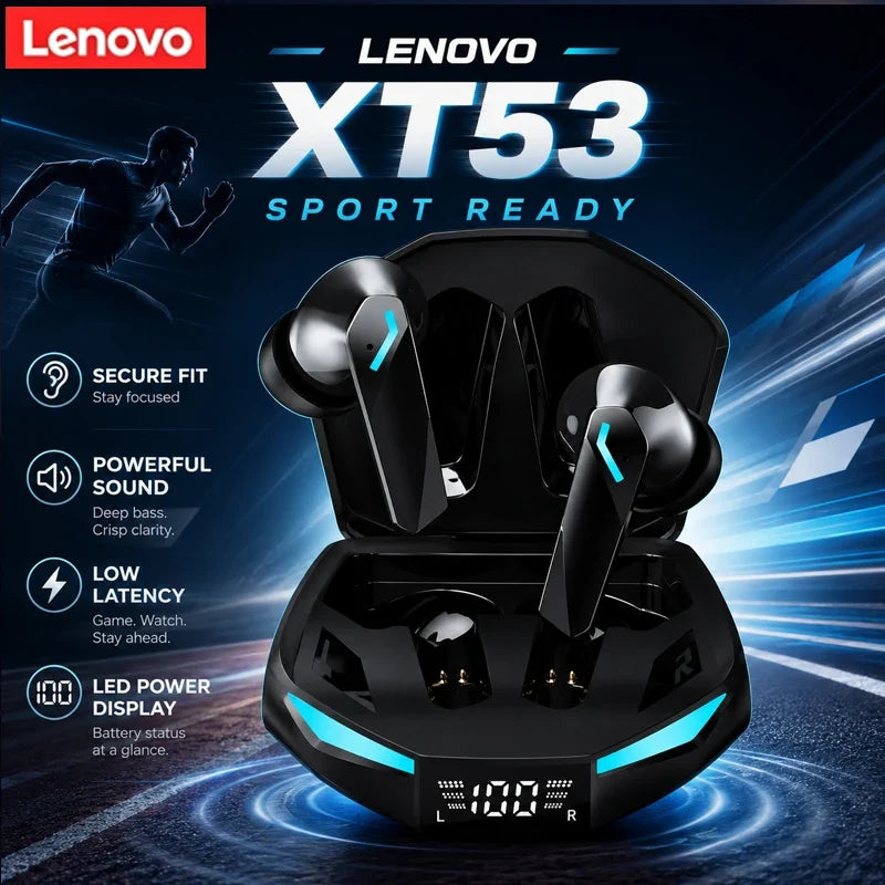Lenovo XT53 Gaming Headset LED Digital Display Wireless Sport Earbuds HD Call Low Latency Headphones Waterproof GM2 Pro Upgraded