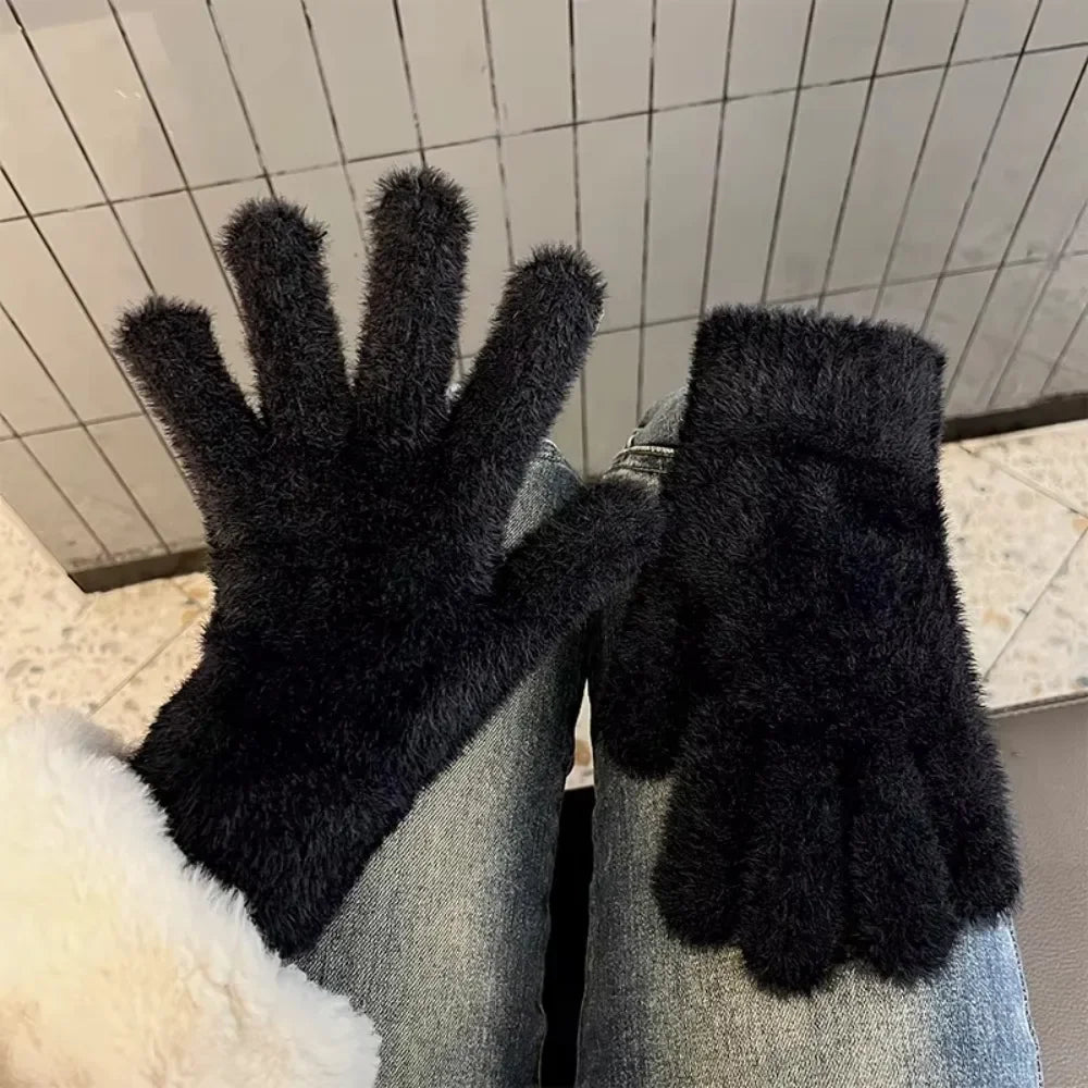 Fashion Thickened Furry Gloves Cold-proof Warm Winter Gloves Windproof Breathable Five Finger Gloves Winter