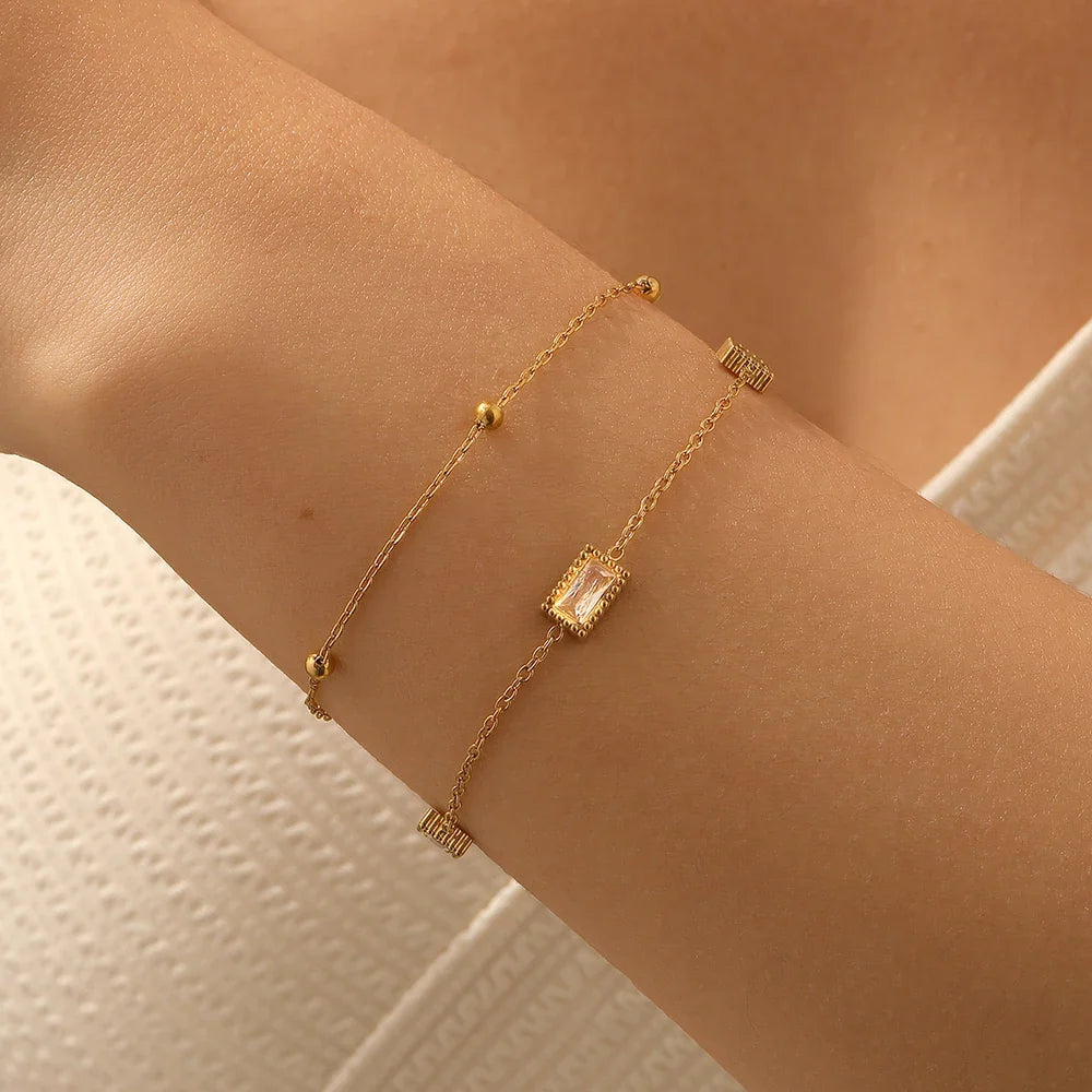 MEYRROYU 316L Stainless Steel White Zircon Inlay Cuboid Series Design Double-Layer Bracelet Women Classic Classy Hand Chain Gift