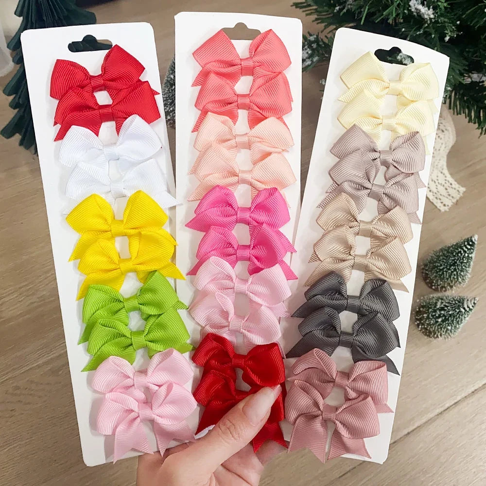 10Pcs/Set Solid Color Kids Bows Hair Clips for Baby Girls Handmade Ribbon Bowknot Hairpin Barrettes New Year Hair Accessories