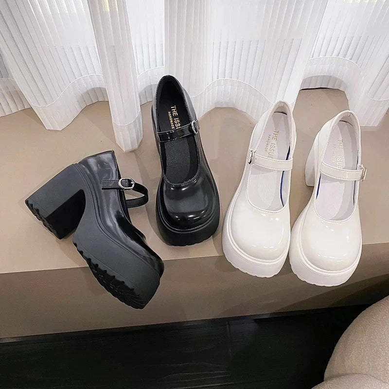 Black Super High Heels Mary Jane Shoes Women 2026 Goth Chunky Platform Pumps Woman Plus Size Ankle Buckle Party Lolita Shoes 42