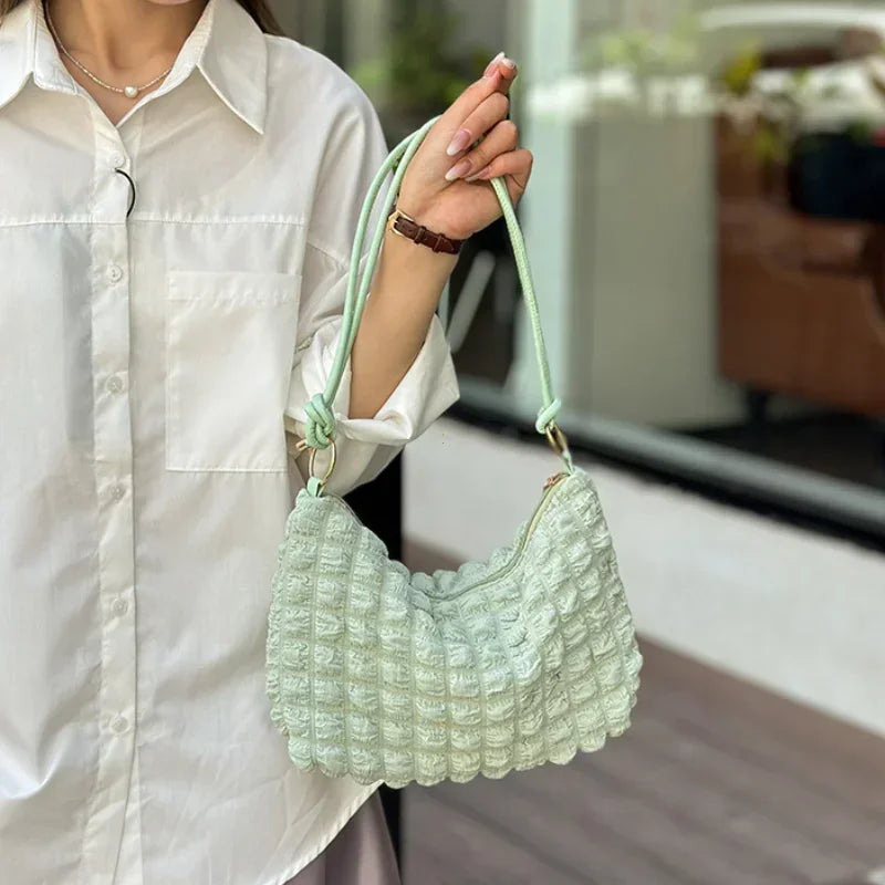 Canvas Wrinkle Bag for Women | Shoulder Bags & Pleated Bubbles Handbags (Padded Casual Underarm Quilted Tote Cloud Bag Purse)