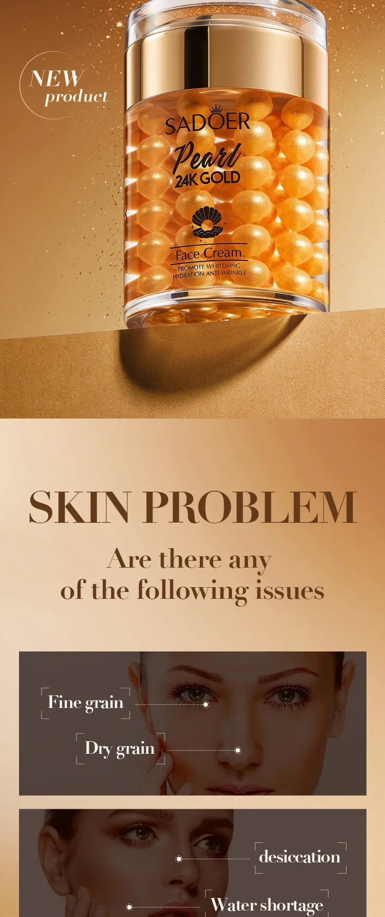 SADOER 24K Golden Pearl Collagen Face Cream Moisturizing Brightening Hydrating Firming Facial Cream Face Skin Care Products
