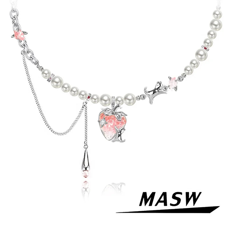 MASW Original Design Elegant Temperament Pink Strawberry Pendant Necklace For Women Wedding Gifts Modern Jewelry Accessories