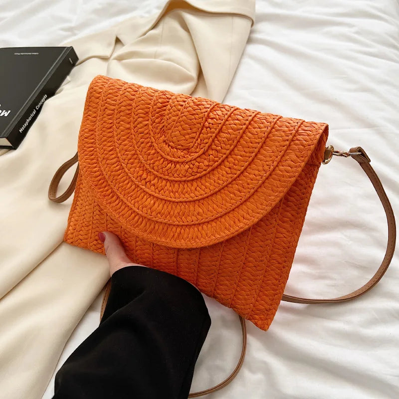 Summer Travel Beach Bag Straw Woven Clutch Bag | Fashion Designer Crossbody Shoulder Bag for Women (Handbag Ladies Wrist Wicker Bag)