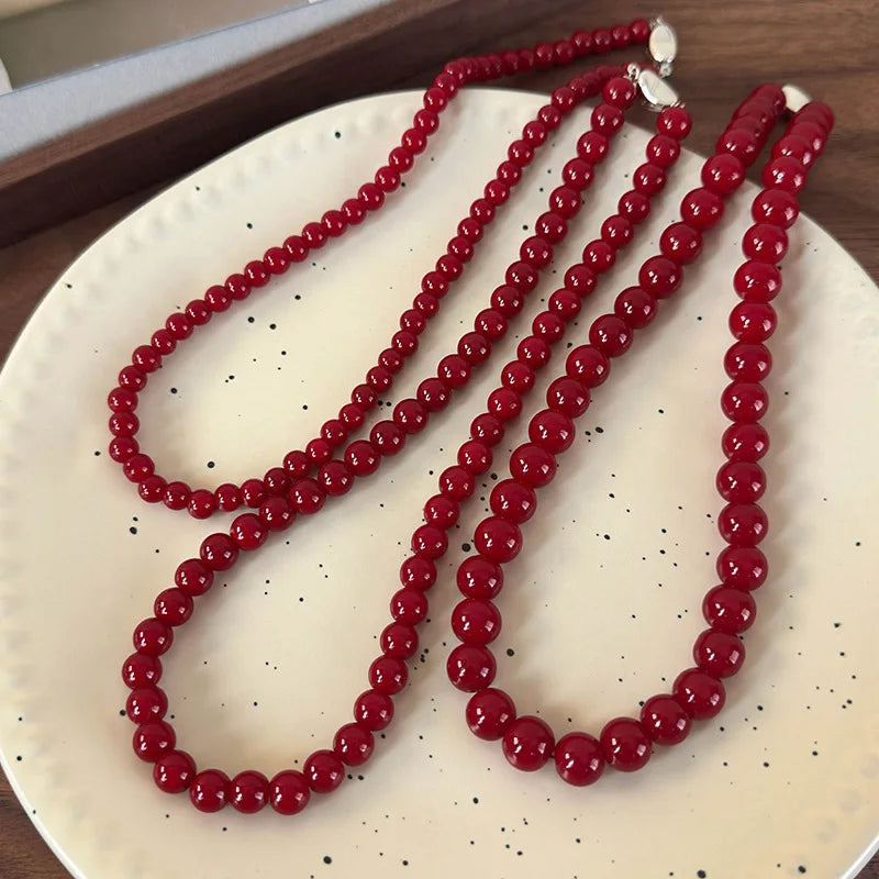 Handmade Vintage Chinese Style Glass Bead Necklace with Antique Red Glass Beads and Gold Coin Closure, Versatile Neckpiece