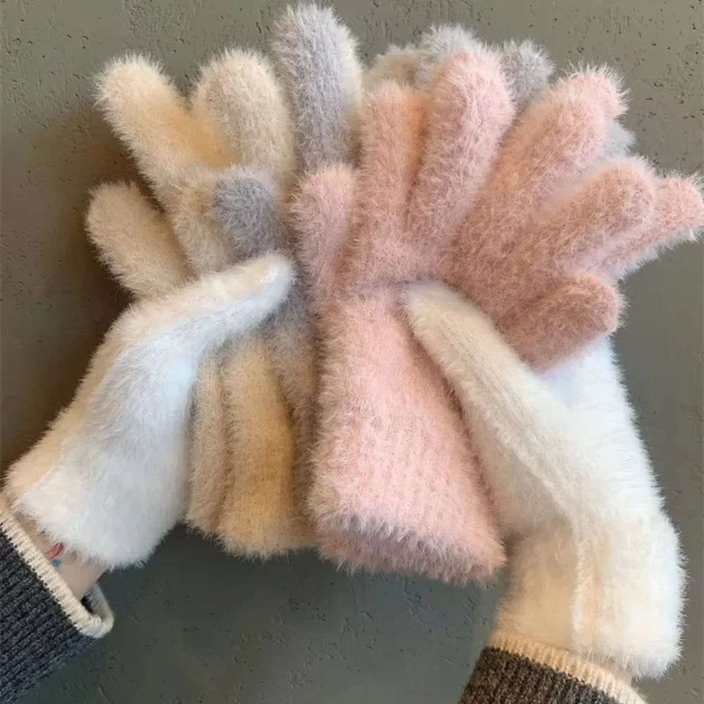 Fashion Thickened Furry Gloves Cold-proof Warm Winter Gloves Windproof Breathable Five Finger Gloves Winter